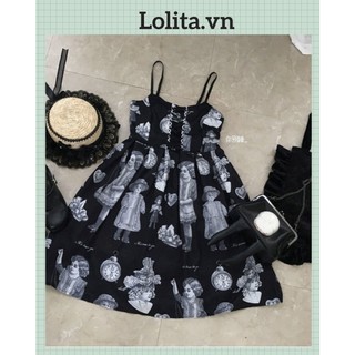 Đầm lolita đen hai dây hoạ tiết búp bê, không kèm áo (Kèm ảnh thật)