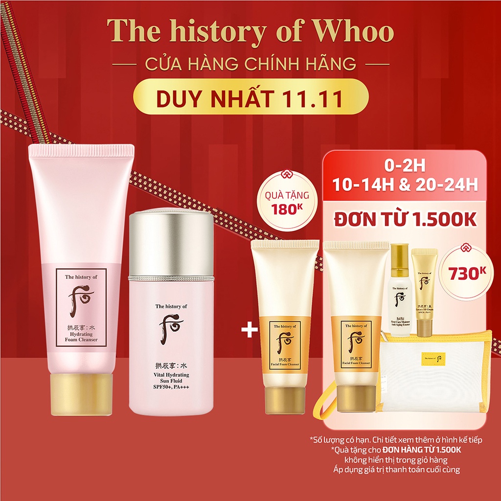 Bộ Kem chống nắng và sữa rửa mặt kiềm dầu dưỡng ẩm Whoo Soo Vital Hydrating Sun Fluid 60ml