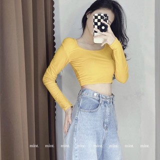 Áo thun lụa croptop nữ tay dài cổ vuông ôm dáng