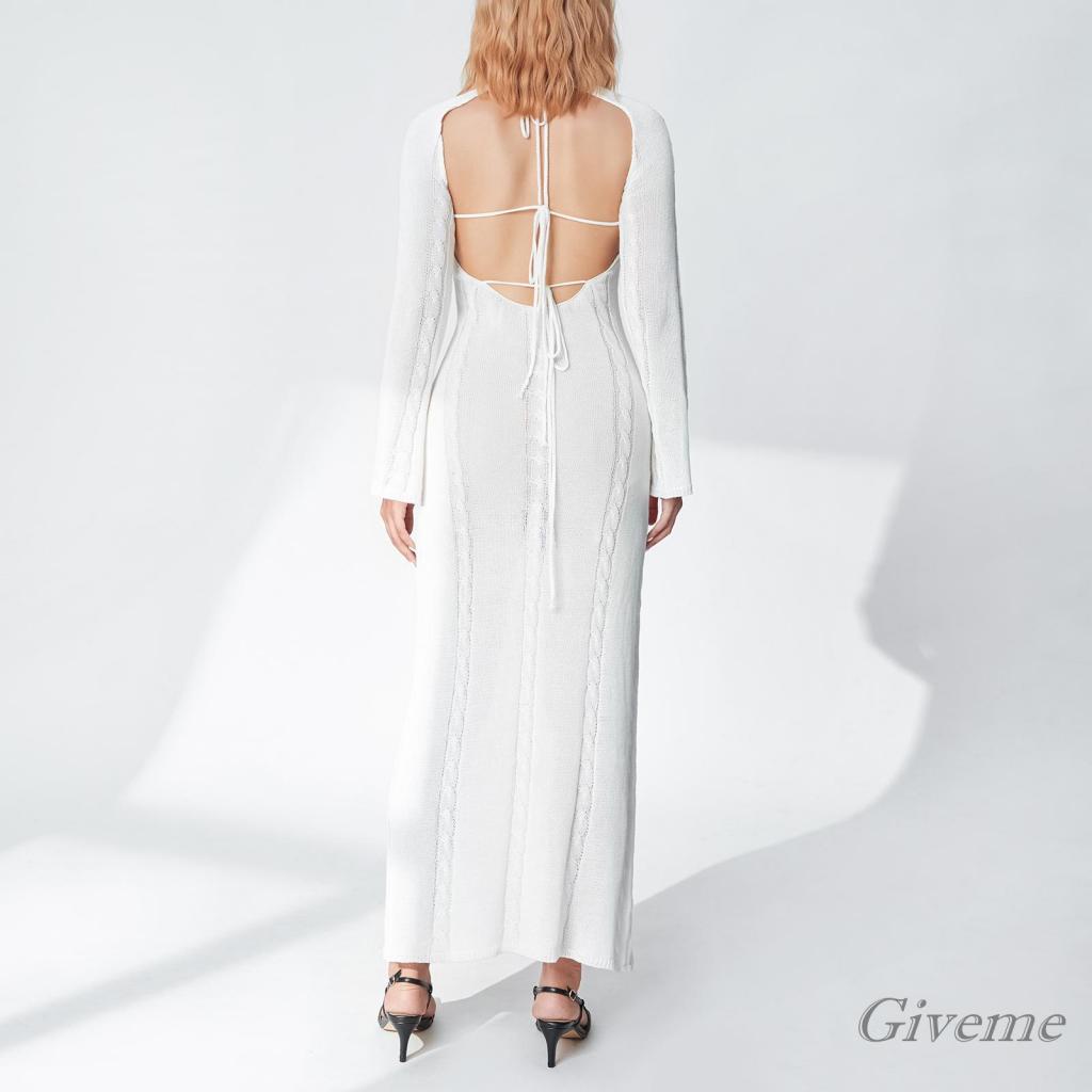 Áo Liền Quần Nữ Tay Dài Cổ Chữ U Hở Lưng Màu Trơn Thời Trang