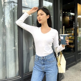 HASHTAGEM - Áo Thun Nữ Tay Dài Cổ Tim Thun Bo Rib Dáng Ôm Trắng LLS.00 Freesize <52kg