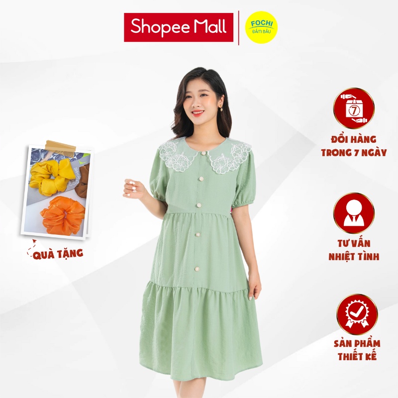 Váy bầu mùa hè dáng suông cổ bèo cách điệu thanh lịch Fochi VC099