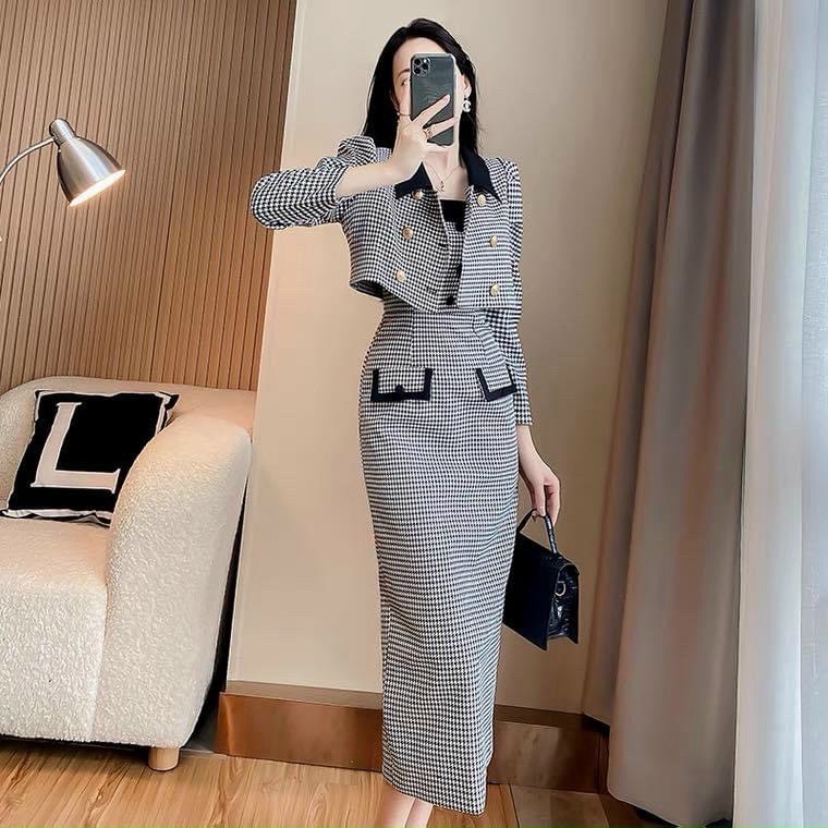 Set đầm caro hai dây đính nút sang chảnh mặc đi tiệc, maxi caro thanh lịch kèm áo khoác vest ngắn sang chảnh