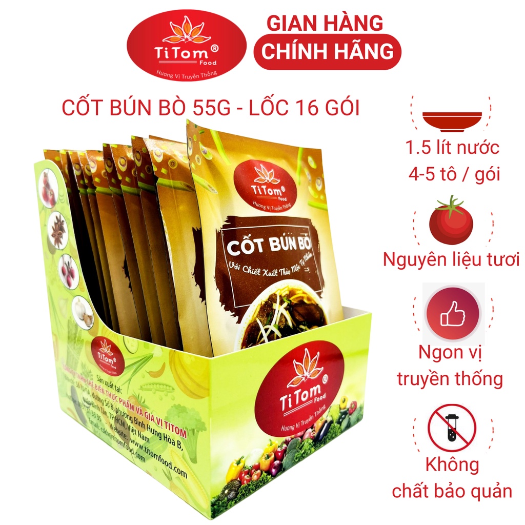 Gia vị nấu bún bò huế nêm sẵn Titom lốc 16 gói 55g dùng nấu nước lèo bún bò