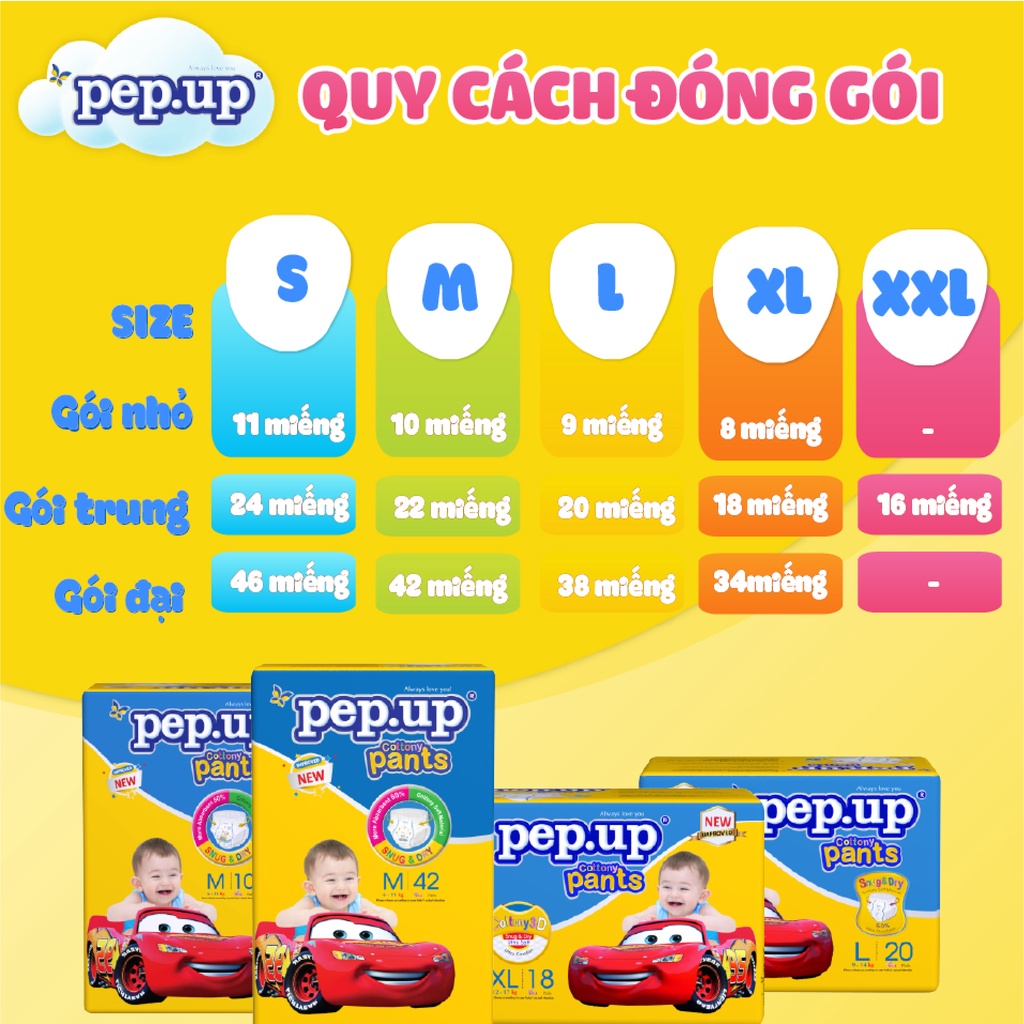 [Bán chạy] Tã bỉm quần em bé mặt bông siêu mềm mại Pep.up Cottony 3D giá rẻ chất lượng - nhỏ Size M10 (6-11kg)