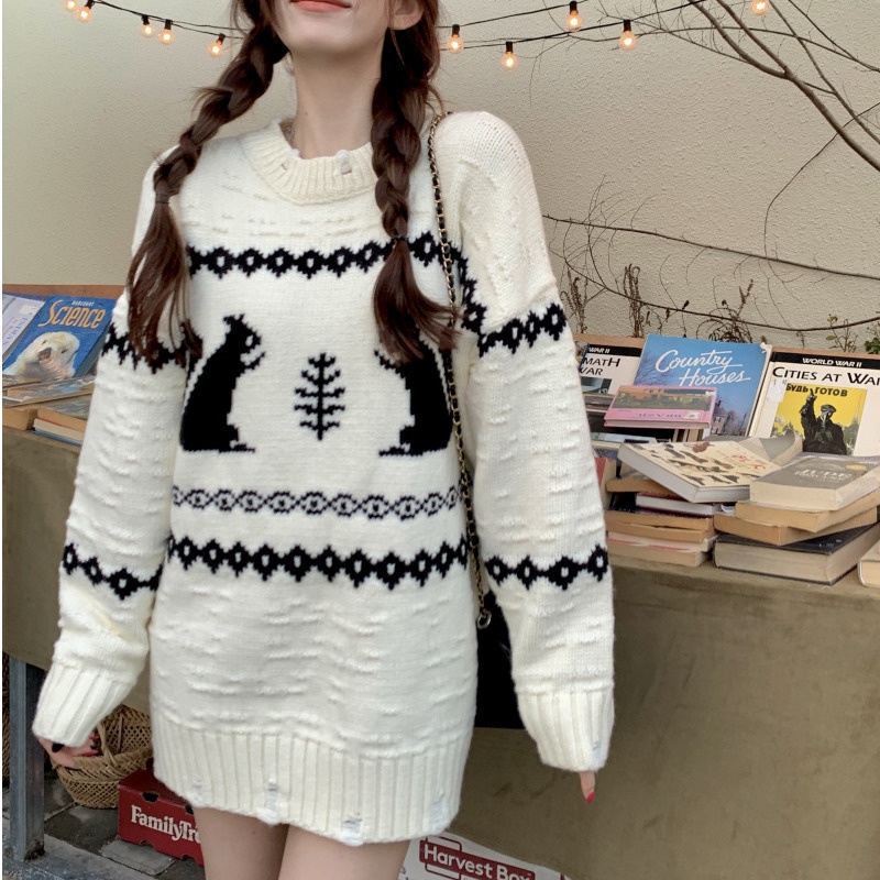 Áo Len Nữ Dài Tay Cổ Tròn Form Rộng Thời Trang Hàn