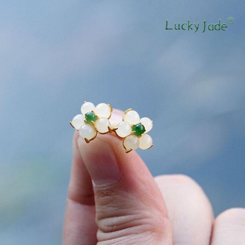 Bông Tai Mạ Bạc 925 Hình Hoa Đính Ngọc Bích Trắng Sang Trọng Cho Nữ