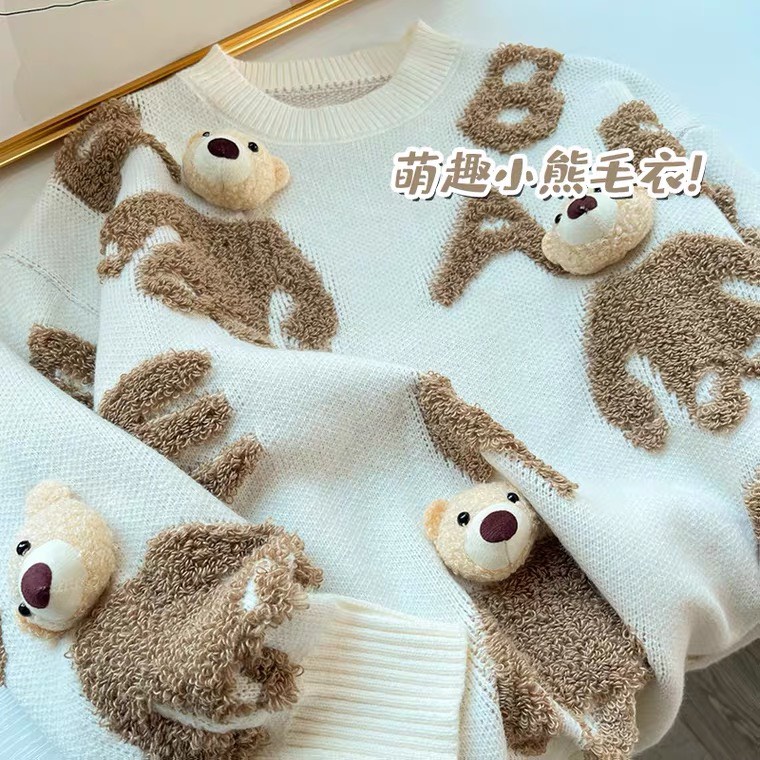 Áo len sweater chữ xù nổi đính gấu rời AL85