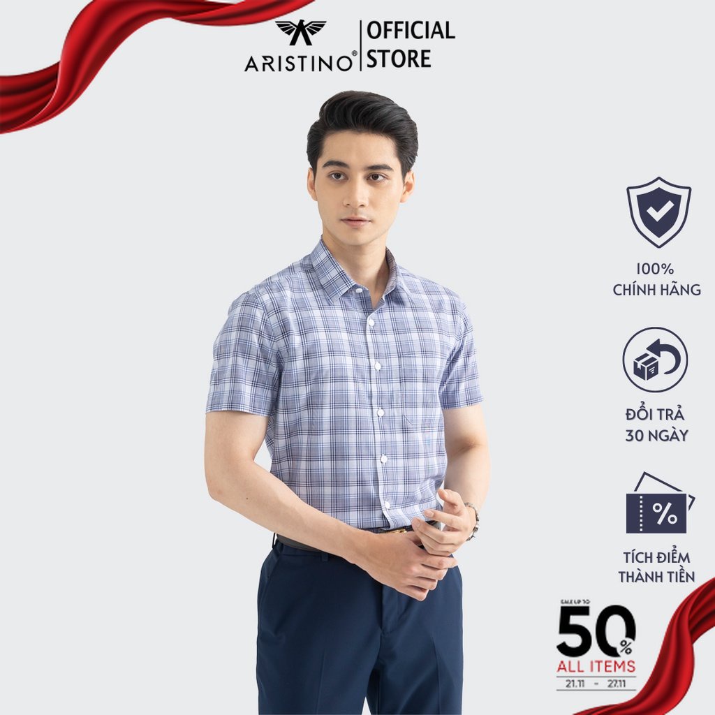 Áo sơ mi nam ngắn tay ARISTINO phom Perfect fit, họa tiết trắng kẻ xám nam tính, lịch sự - ASS364S2