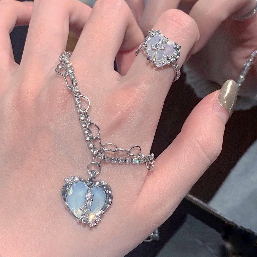 Bộ Nữ Trang Vòng cổ Bông Tai Nhẫn Đinh Tán Mặt Trái Tim Đá Opal Nhân Tạo Thời Trang
