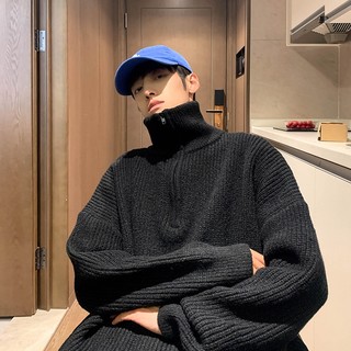 Áo Sweater Dệt Kim Cổ Lọ Dáng Rộng Màu Sắc Đơn Giản Phong Cách Retro Cho Nam Giới