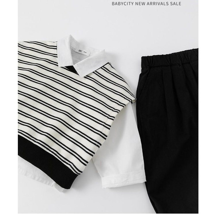 SET 3 CHI TIẾT SƠ MI TRẮNG MIX ÁO GILE KẺ KẾT HỢP QUẦN THÔ ĐEN PHONG CÁCH HÀN QUỐC CHO BÉ- HÀNG QCCC