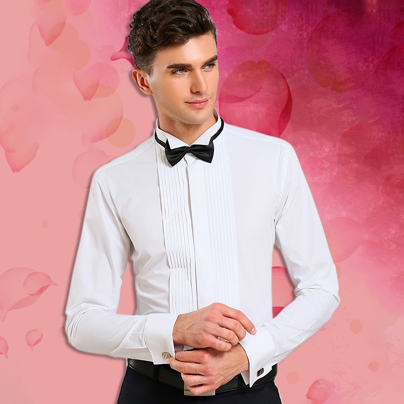 Áo Sơ Mi Tuxedo Tay Dài Màu Trắng Đen Đính Nơ Kiểu Pháp Cho Nam