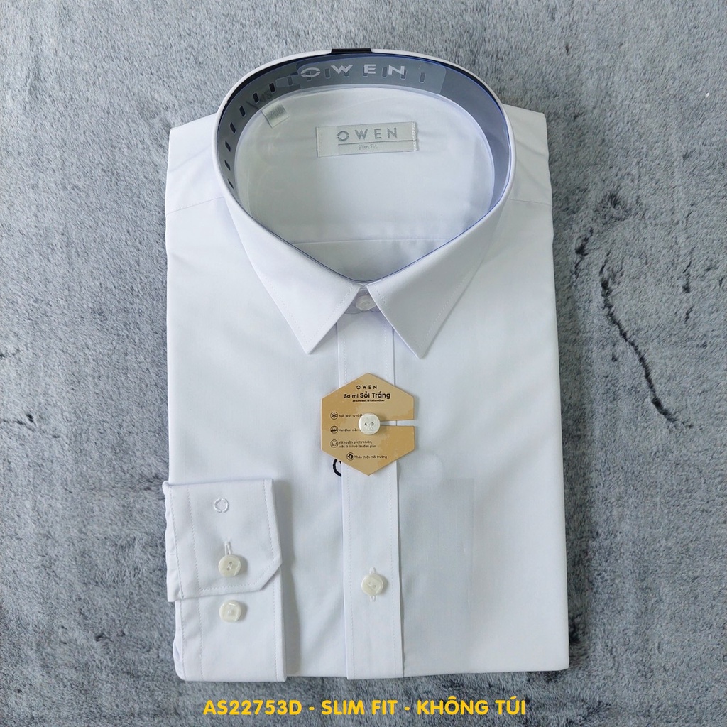 Áo sơ mi trắng nam dài tay OWEN AS221199D somi công sở cao cấp dáng ôm tà lượn không túi vải sợi sồi mềm mát chống nhăn