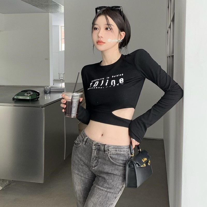 Áo Thun Lửng Tay Dài Dáng Ôm In Chữ Thời Trang Mùa Thu Cho Nữ