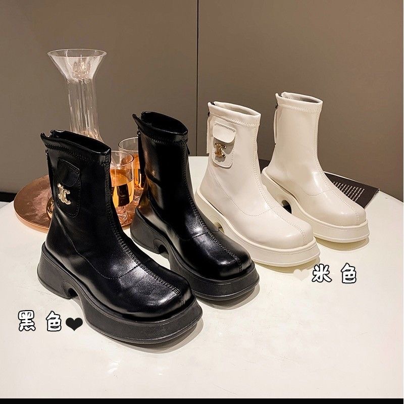 Bốt đùi đế răng cưa nữ giày Boots da mềm khóa sau cao cấp boot mũi tròn boost  thời trang đế độn 2022