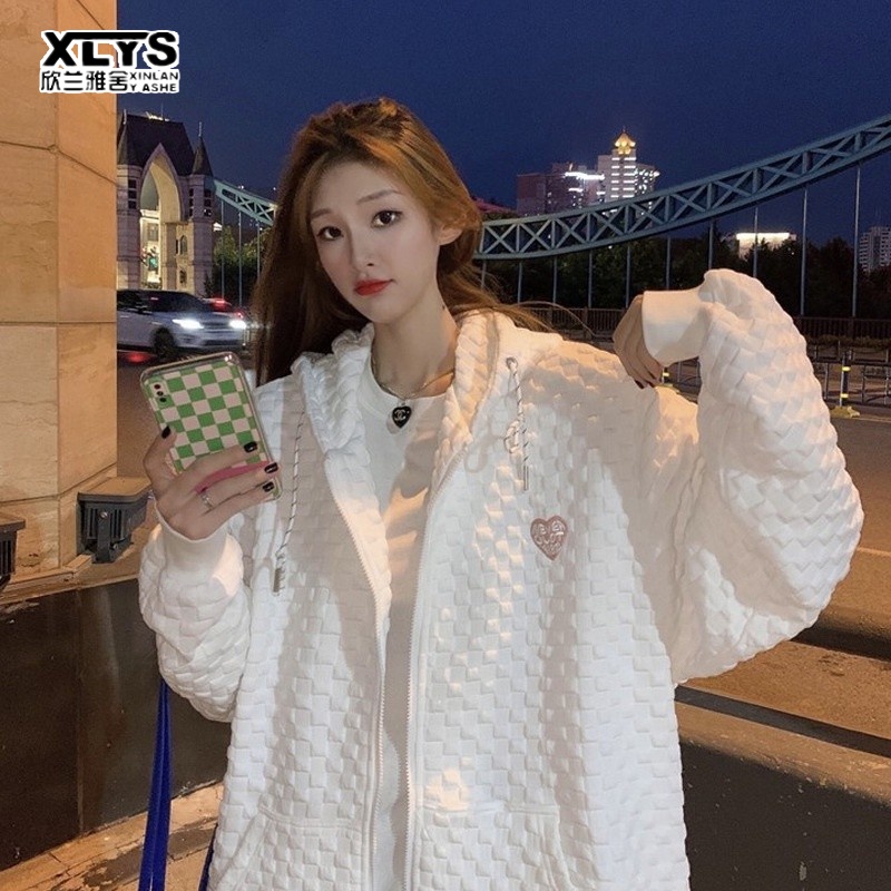 Xin LAN YA SEH Áo Khoác sweater Mỏng Có Mũ Trùm Phối Khóa Kéo Phong Cách Hàn Quốc Cho Nữ áo khoác