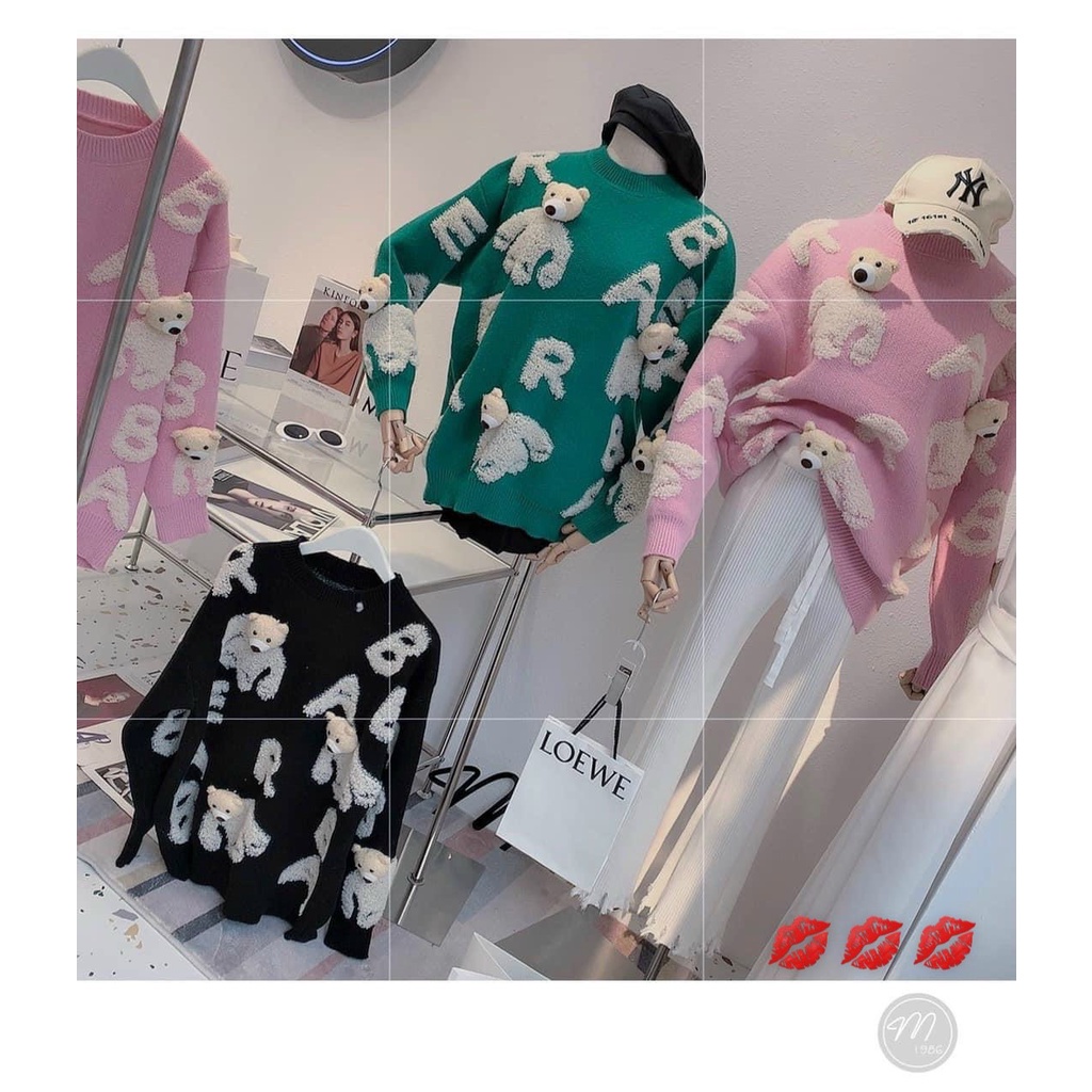 Áo len sweater chữ xù nổi đính gấu rời AL85