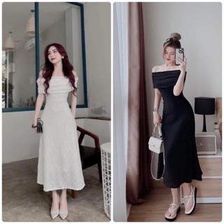 Đầm midi gân trắng bẹt vai gấp