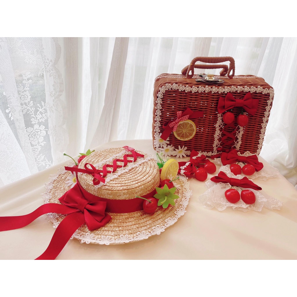 ⚡PHỤ KIỆN LOLITA ⚡ Mũ cói rộng vành và giỏ mây nhựa đính nơ/hoa/dâu tây ... phối ren phong cách Lolita nhật bản cho nữ