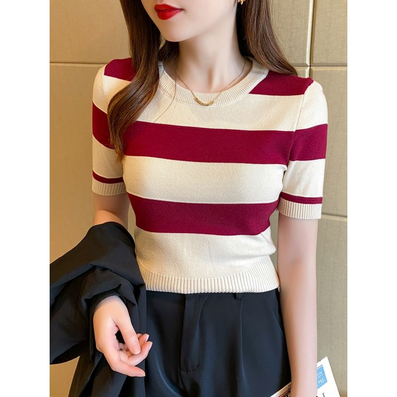 Áo Thun Ngắn Tay Họa Tiết Sọc Ngang Thời Trang Dành Cho Nữ