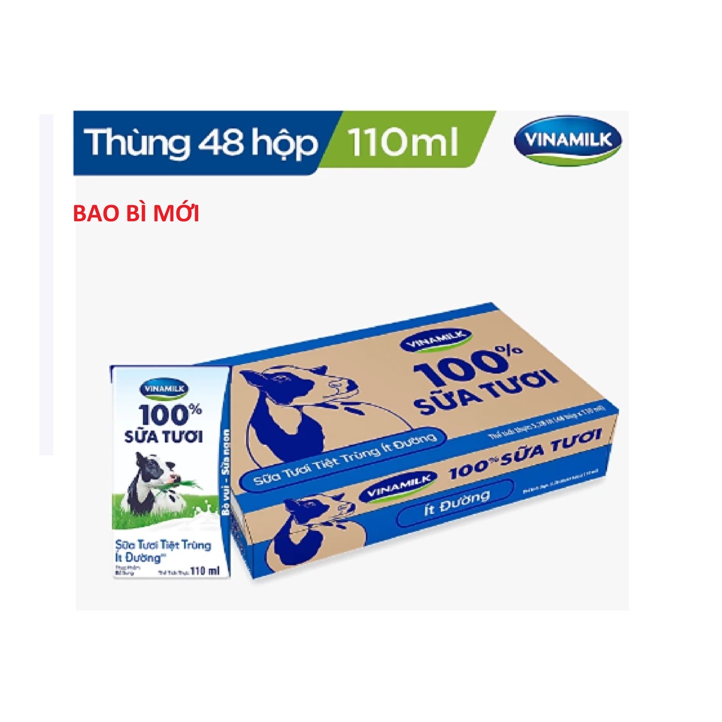 THÙNG 48 HỘP SỮA TƯƠI TIỆT TRÙNG VINAMILK 100% ÍT ĐƯỜNG - 110ML