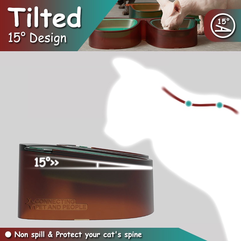 HamshMoc Bát Đôi 3 Trong 1 Dành Cho Thú Cưng # 15° Tô Đựng Thức Ăn Nước Uống Chống Tràn Dành Cho Mèo Cưng