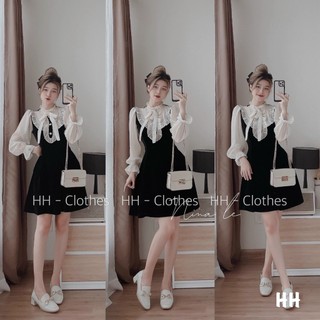 Váy Nhung Đen ềm Mịn  Cổ Bèo Nơ Khuy Ngọc Tay Dài Phối Tơ Clara Siêu Xinh Hang Quảng Châu