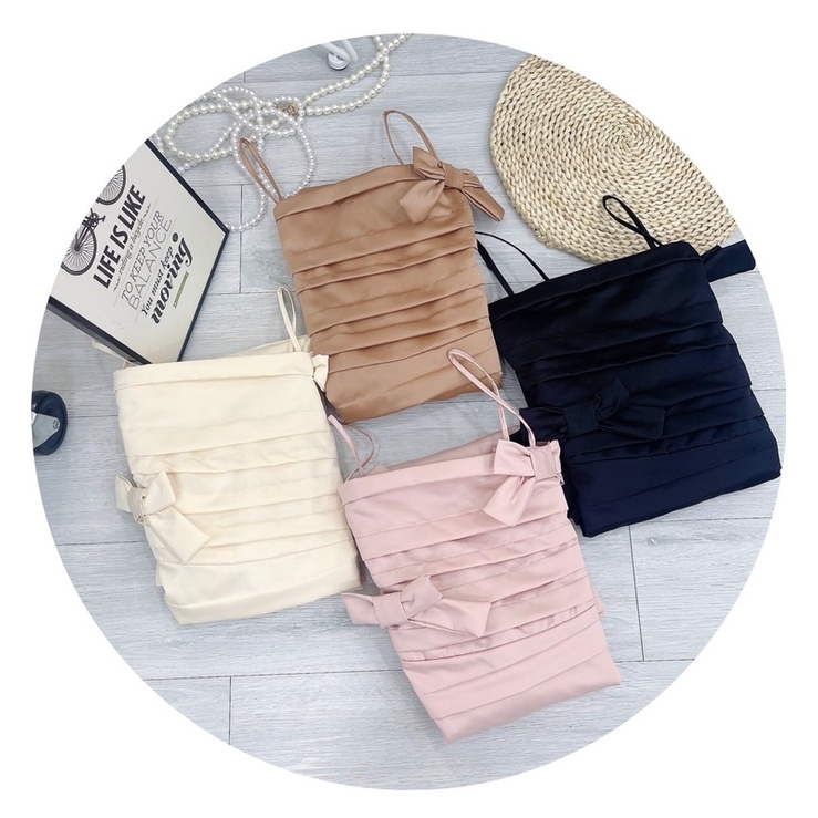 Đầm dự tiệc 2 dây phom xoè gắn nơ vải tafta