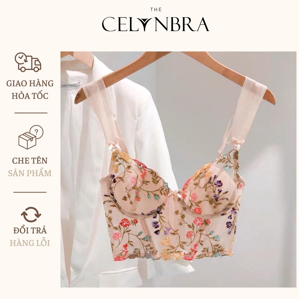 Áo corset, Áo bra voan họa tiết hoa lá dáng lửng có gọng đệm nâng ngực gợi cảm THE CELYNBRA - AL37