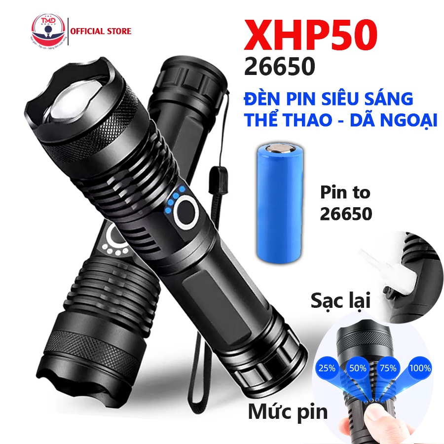 Đèn Pin XHP Siêu Sáng Cầm Tay Pin Trâu 26650 - Đèn siêu sáng mini, vỏ kim loại chống nước bền bỉ - 5 chế độ chiếu sáng