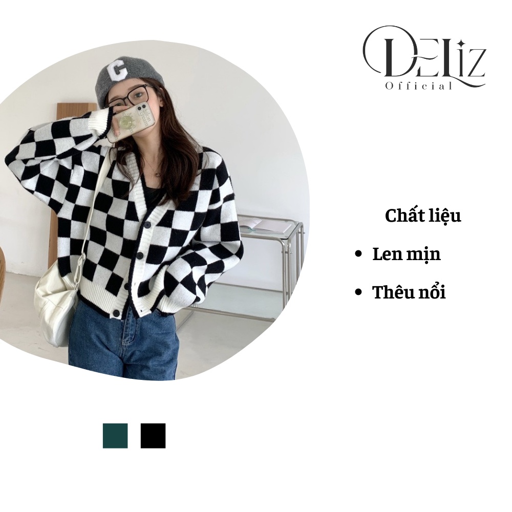 Áo khoác cardigan len dáng ngắn DELIZ, áo khoác len croptop kẻ caro ulluzang