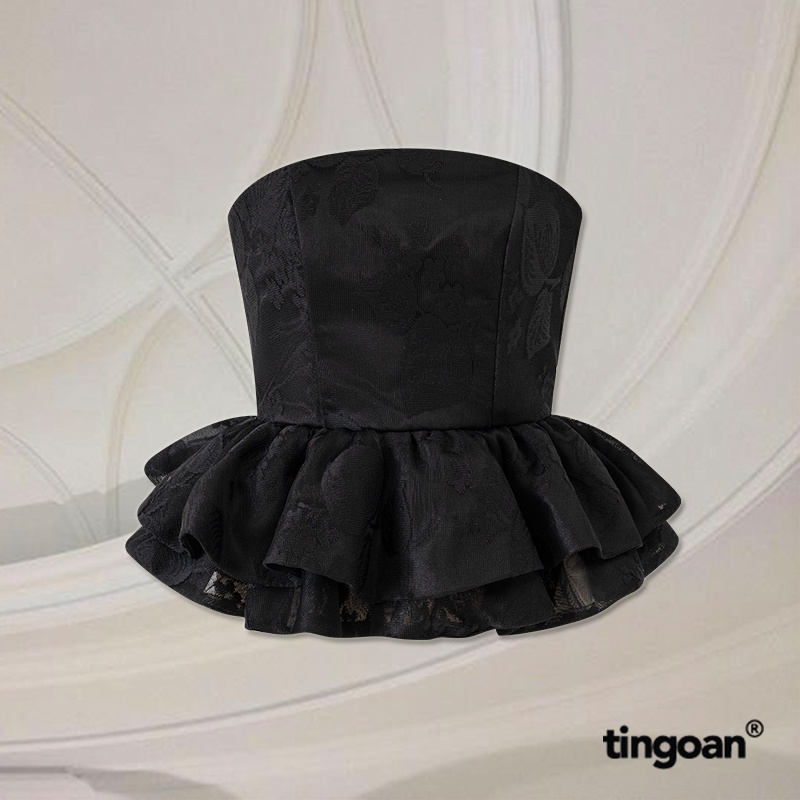 TINGOAN® - Áo croptop cúp quây chất liệu ren dệt hoa nổi bèo gấu đen PRINCESS TEARS TOP/BL