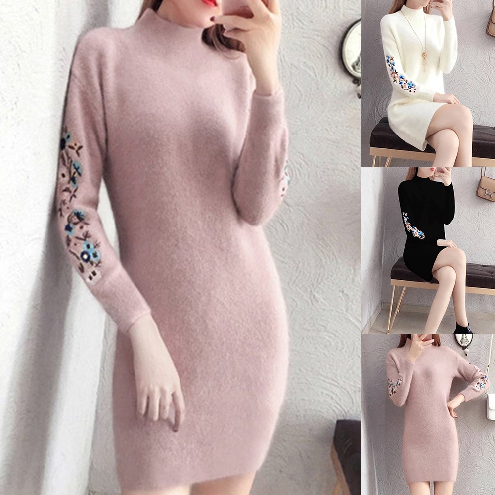 Đầm Sweater Dệt Kim Tay Dài Cổ Tròn Hoạ Tiết Hoa Thêu Thời Trang Mùa Đông Cho Phái Nữ