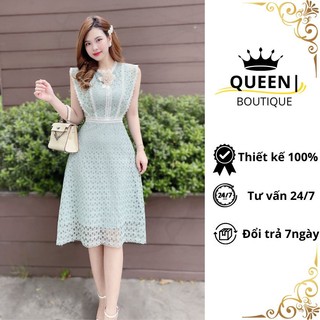 Đầm ren dự tiệc thiết kế cài hoa V063 cao cấp, Váy tiểu thư dự đám cưới, công sở tôn dáng sang trọng