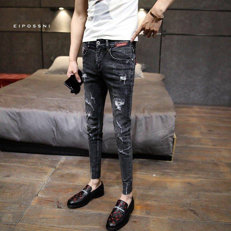 Seluar jin lelaki hitamjeans pendek Quần Jean Dài Rách Thời Trang Hàn Quốc Cho Nam 1 Tuổi