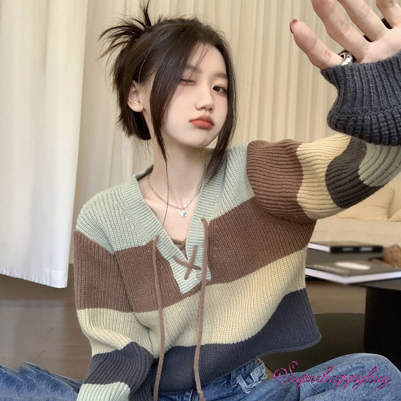 Áo Sweater Dệt Kim Tay Dài Dáng Rộng Kẻ Sọc Màu Sắc Tương Phản Thời Trang Cho Nữ