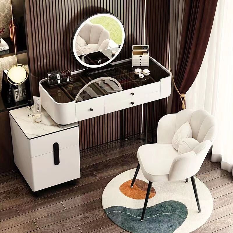 Bàn Trang Điểm Vip07 Đá Phiến Sang Trọng, Có Gương Có Đèn Led Mặt Kính Kèm Tủ Đầu Giường Vuông 3 Ngăn Sang Trọng, Kt 100Cm