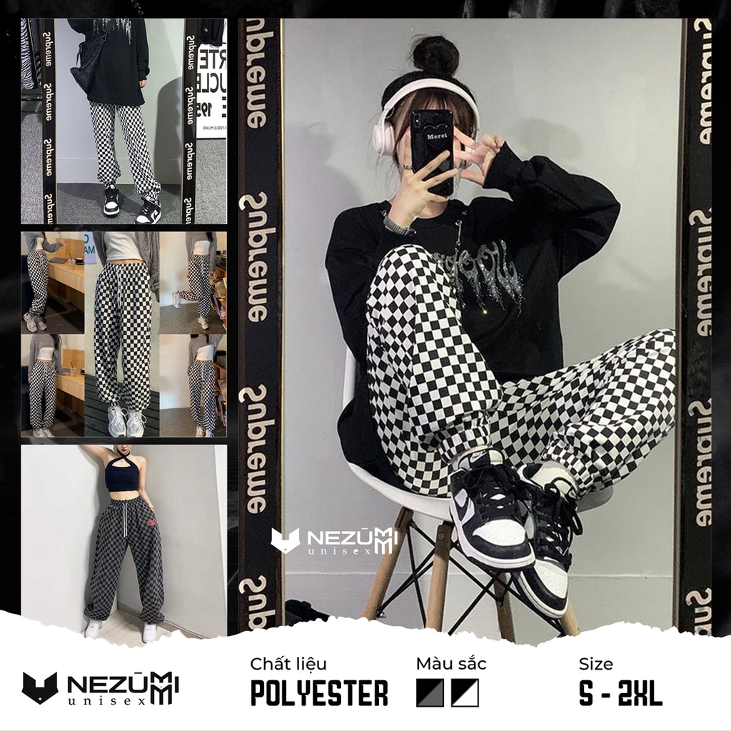 (Sẵn đen, xám) Quần jogger kẻ caro đen trắng ống rộng rút dây gấu unisex nam nữ cá tính hiphop sexy dance đường phố