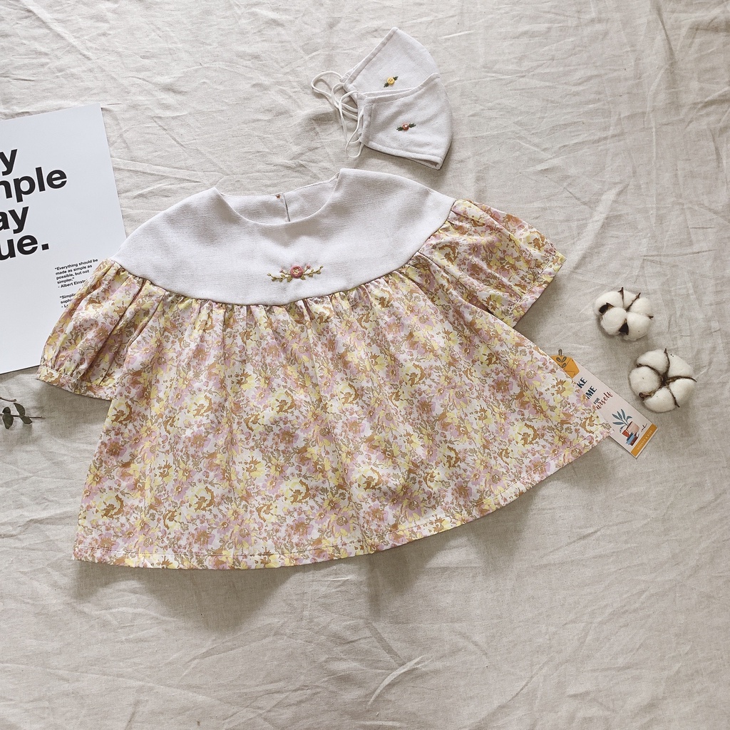Áo bé gái thêu tay hoa nhí, phong cách vintage, chất thô nhẹ mát - Size đến 30kg | Liti-chan by Moon Ha Kids