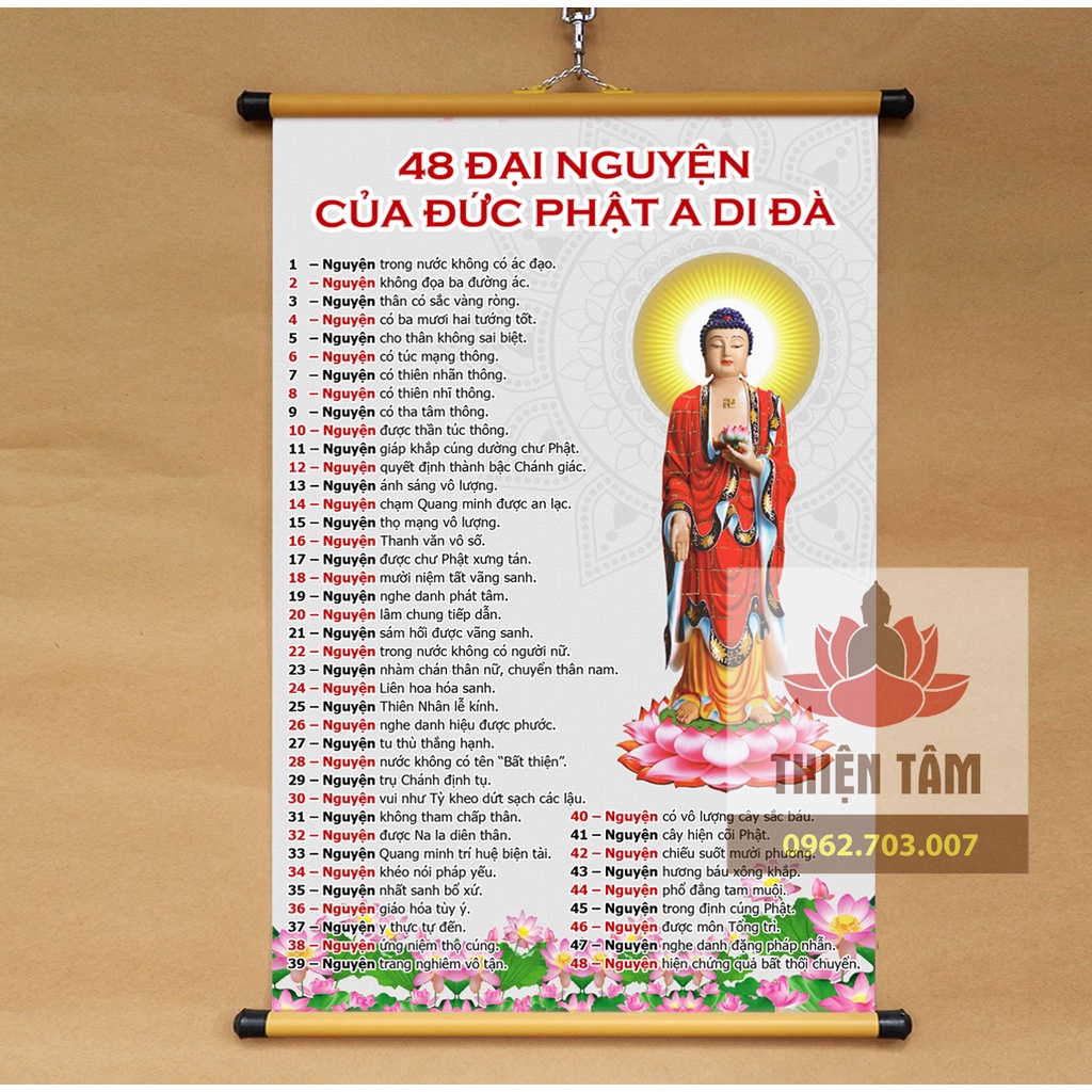 Tranh 48 đại nguyện của Đức Phật A Di Đà bằng vải phủ bóng cao cấp dày dặn 40x60cm