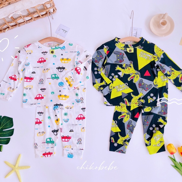 Bộ cotton bé trai dài tay phối khuy cho bé