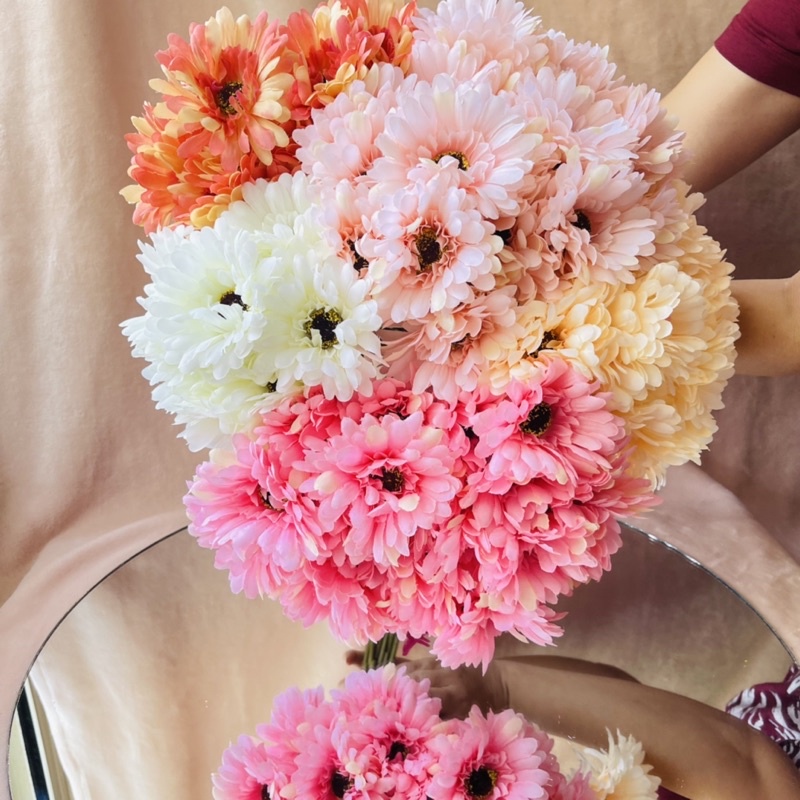 Combo 6 cành hoa đồng tiền vải lụa decor phòng, phụ kiện chụp ảnh, trang trí tiệc nhập khẩu cao cấp