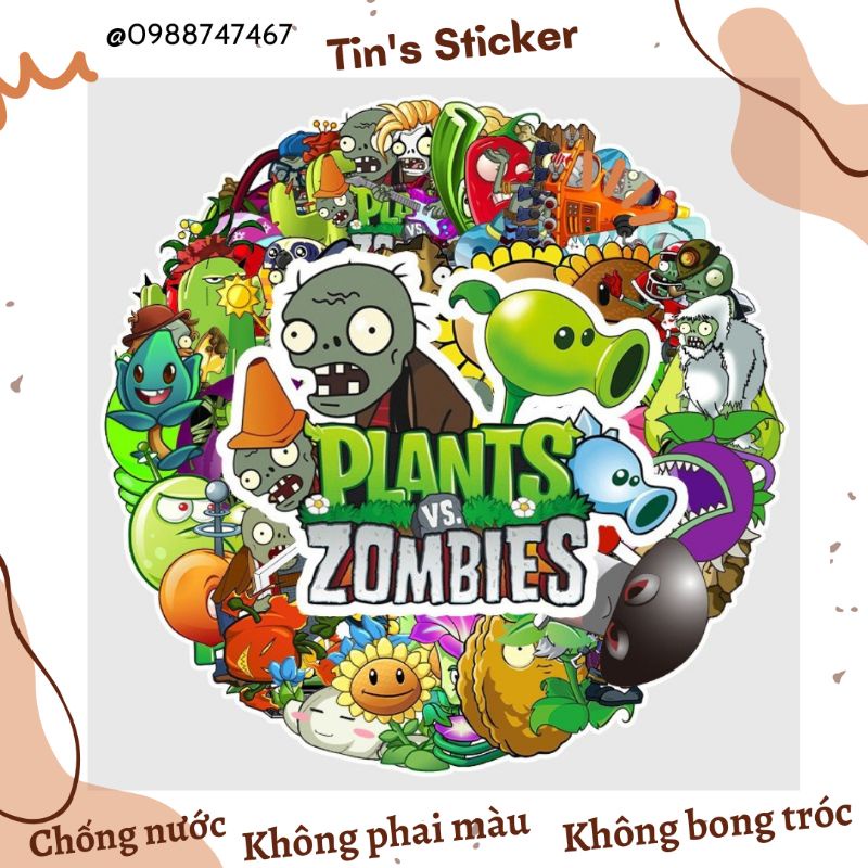 Set combo 50 miếng dán sticker Plants Vs. Zombies chống thấm nước dán nón mũ bảo hiểm laptop sổ sách xe mây đàn guitar