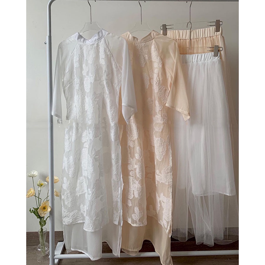 Set Áo Dài Thiết Kế Cách Tân Vải Ren Họa Tiết Hoa Cao Cấp M213 - Lolla Fashion