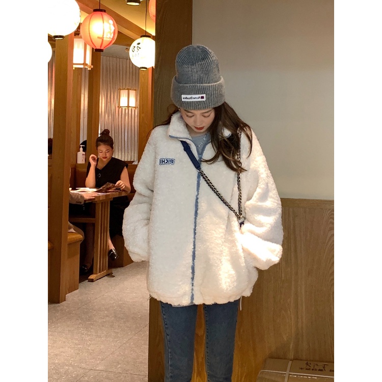 Áo Khoác Cardigan Len Lông Cừu Dày Dặn Dáng Rộng Cổ Đứng Kiểu Hàn Quốc Thời Trang Mùa Đông Ấm Áp Cho Nữ