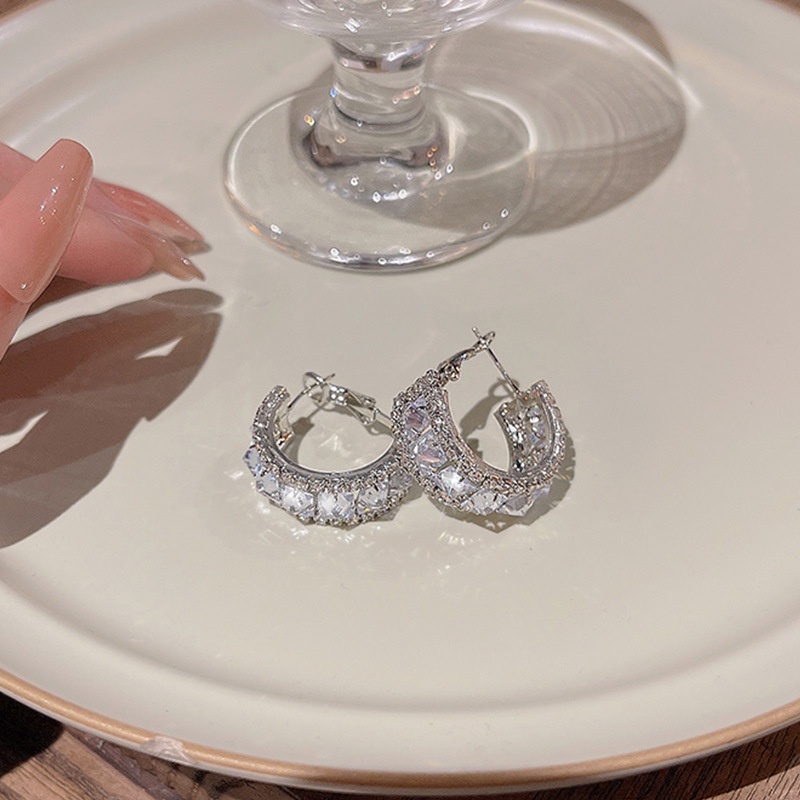 Bông Tai Mạ Bạc 925 Hình Chữ C Đính Đá Zircon Sang Trọng