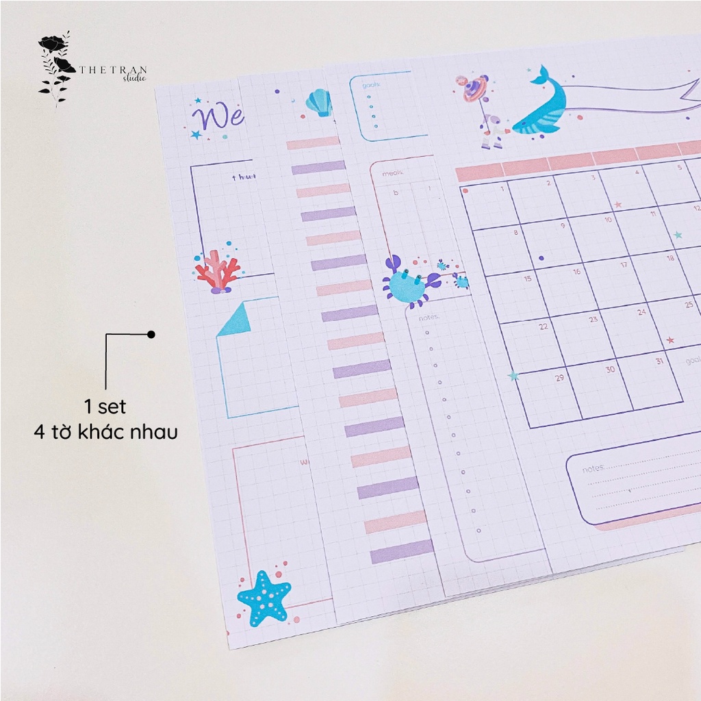 Bộ 4 tờ ghi chú kế hoạch hàng ngày tuần tháng A5 chủ đề đại dương / ocean planner / thetranstudio