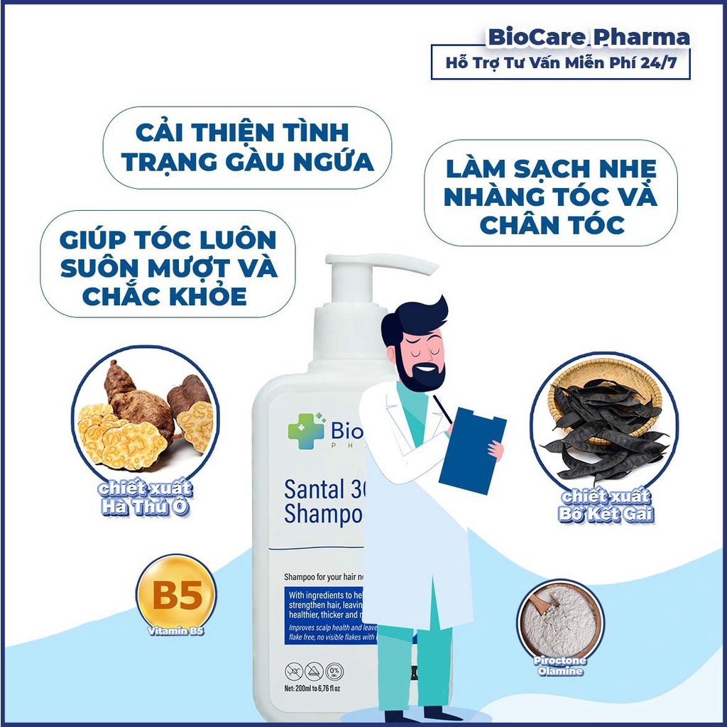 [MUA 2 TẶNG 1 LƯỢC MASSAGE] Dầu Gội Dược liệu BIO CARE PHARMA giảm gàu , nấm ngứa da đầu Santal 300 Shampoo 200ml