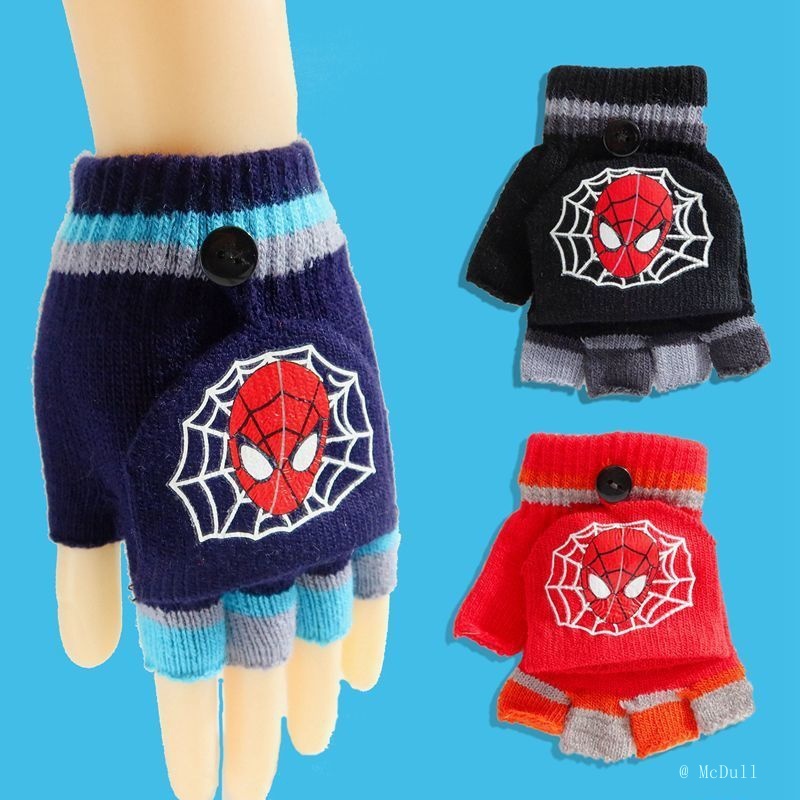 Găng Tay Hở Ngón Giữ Ấm Hình Người Nhện / Ultraman Thời Trang Mùa Đông Cho Bé Trai